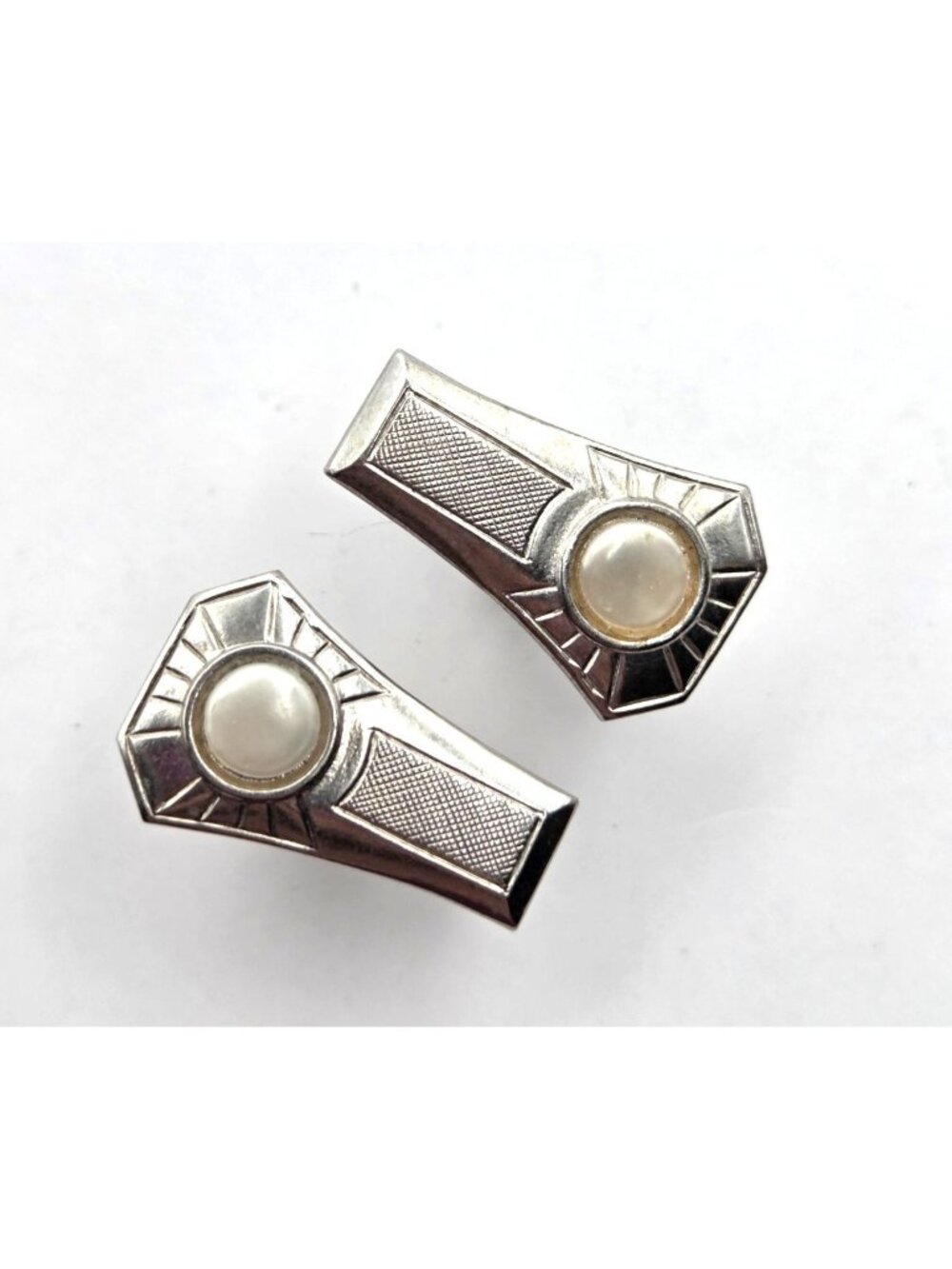 Vintage Silver-Tone Cufflinks With Faux Pearl Accent Art Deco Style